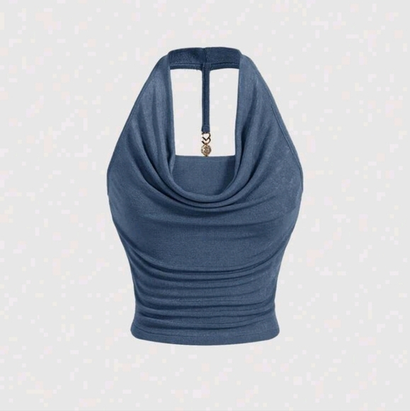 Dusty Blue Draped Collar Halter Back Metal Decorative Buckle,Cruise Women Outfit - Picture 1 of 4